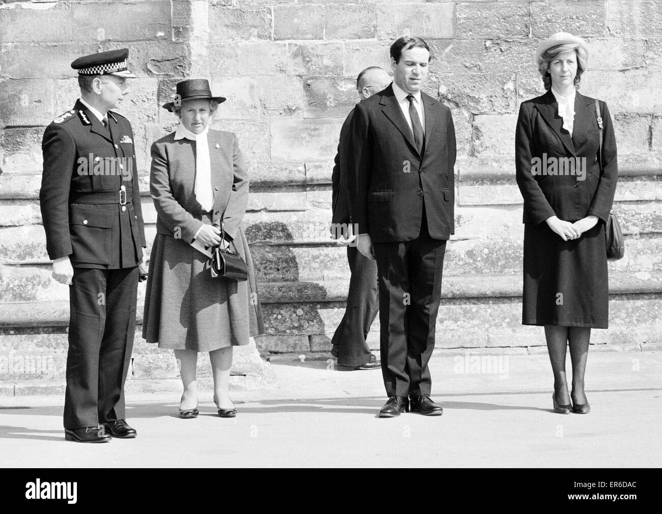 Conservative Home Secretary Leon Brittan pictured with Police Commissioner Newman during the funeral of WPC Yvonne Fletcher at Salisbury Cathedral. April 1984. Stock Photo