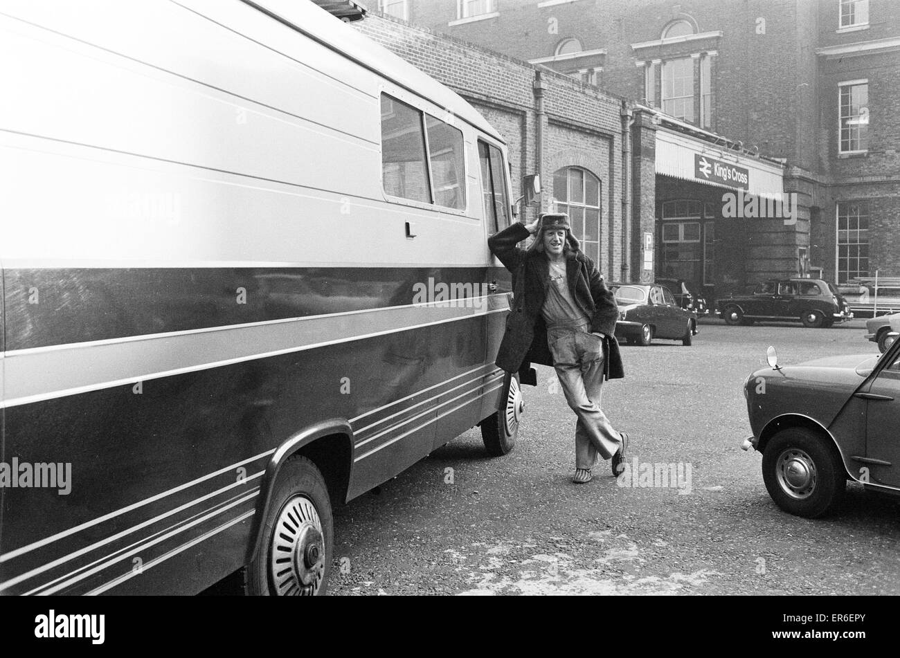 'A day in the life of Jimmy Saville' Feature by Mike Hellicar.  Here he is pictured posing beside his motor home caravan outside Kings Cross railway station. 7th October 1971. Stock Photo