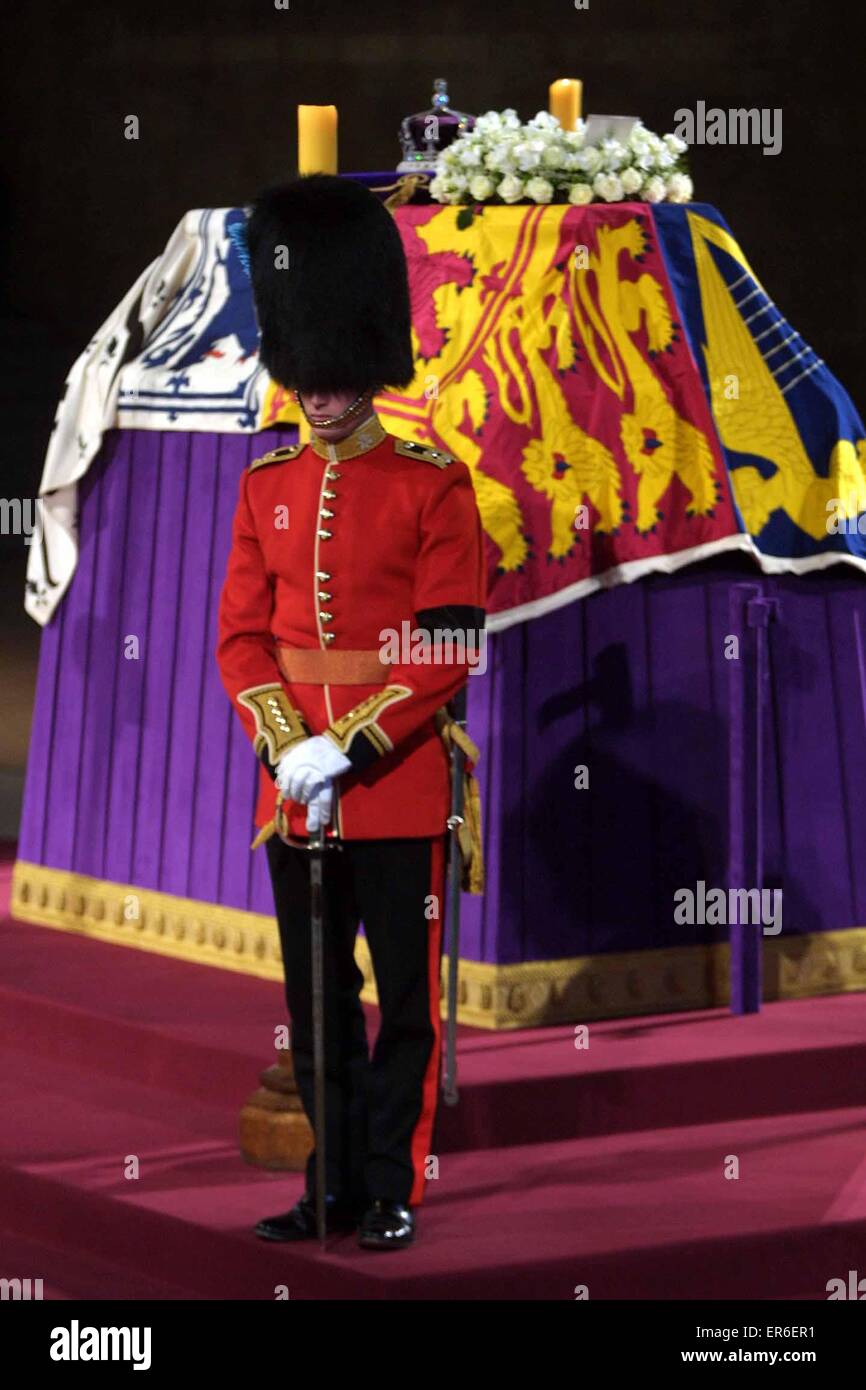 The coffin of Queen Elizabeth, the Queen Mother which lies in state at Westminster Hall in central London  April  9 2002, Stock Photo