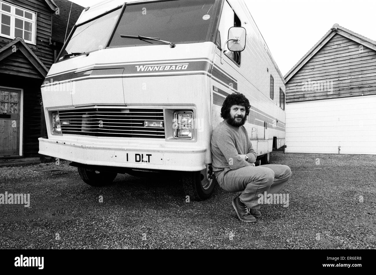 Dave Lee Travis, BBC Radio One DJ prepares to take his show on the road, pictured with his Winnebago, a mobile home on wheels, 6th December 1980. Stock Photo