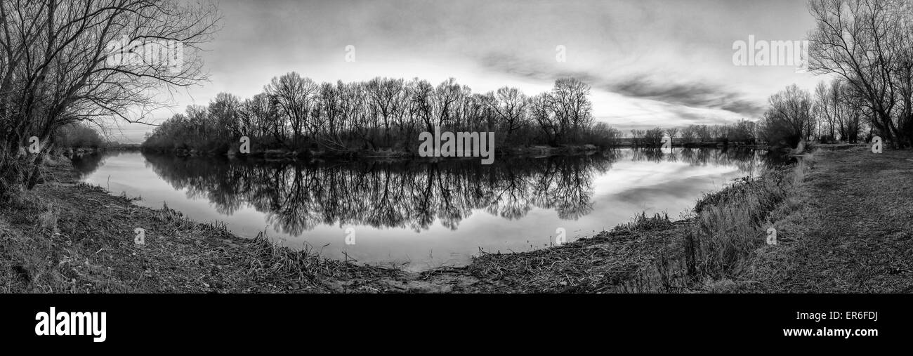 Forest island reflection on water- panoramic landscape black and white Stock Photo