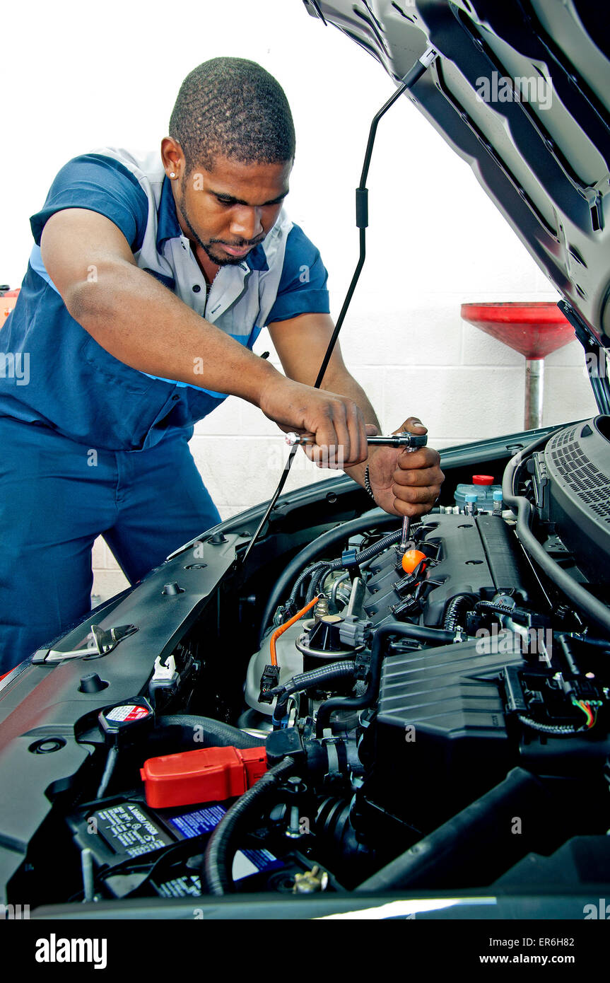 Good Looking Mechanic Working On Car Engine Under Hood Stock Photo - Alamy