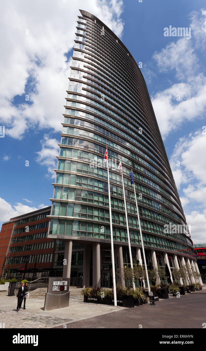 Wide-angle view of the London Marriott Hotel,  West India Quay, Canary Wharf, Docklands, London. Stock Photo