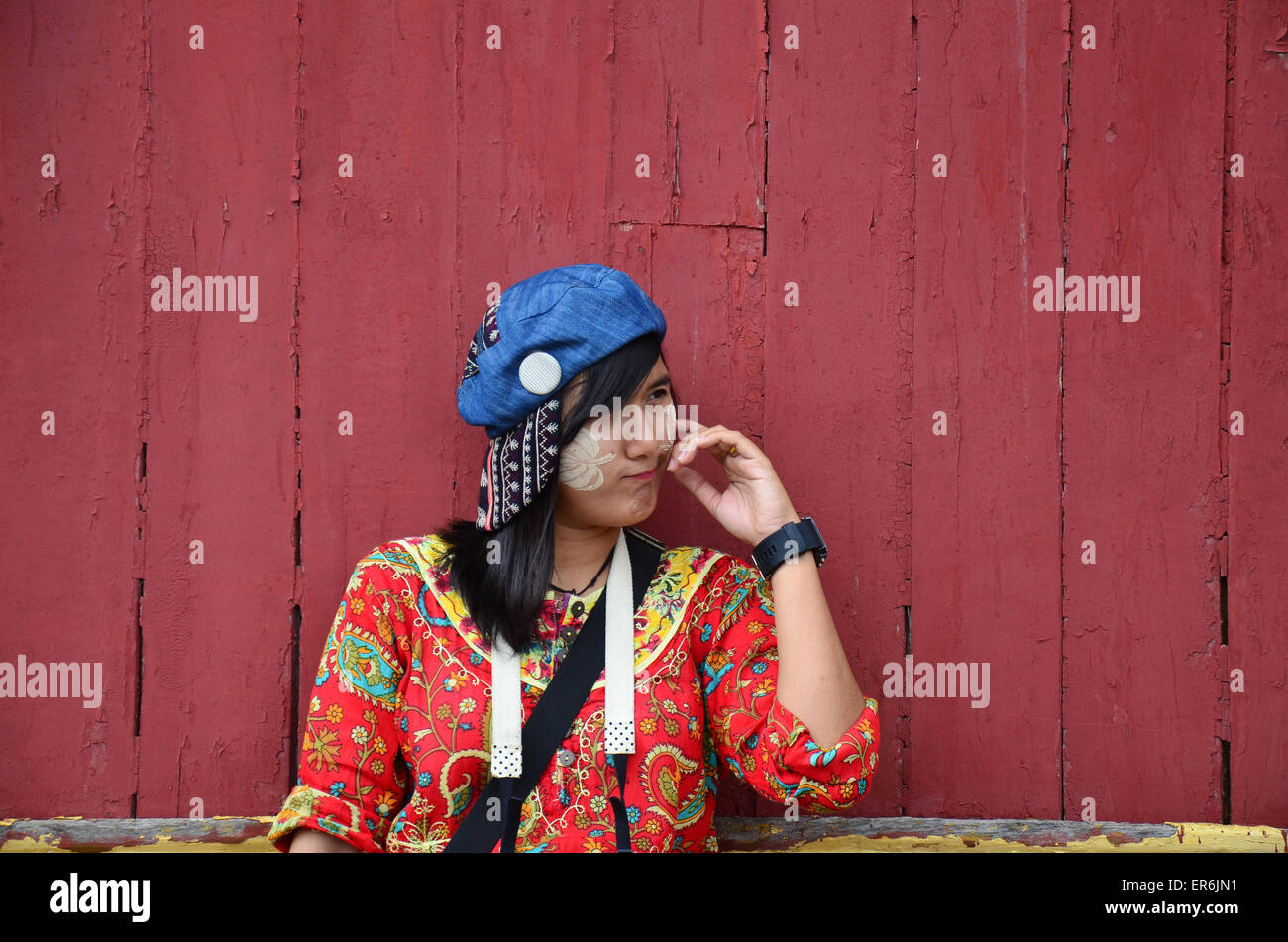 Asian girl use of thanaka a traditional burmese Stock Photo
