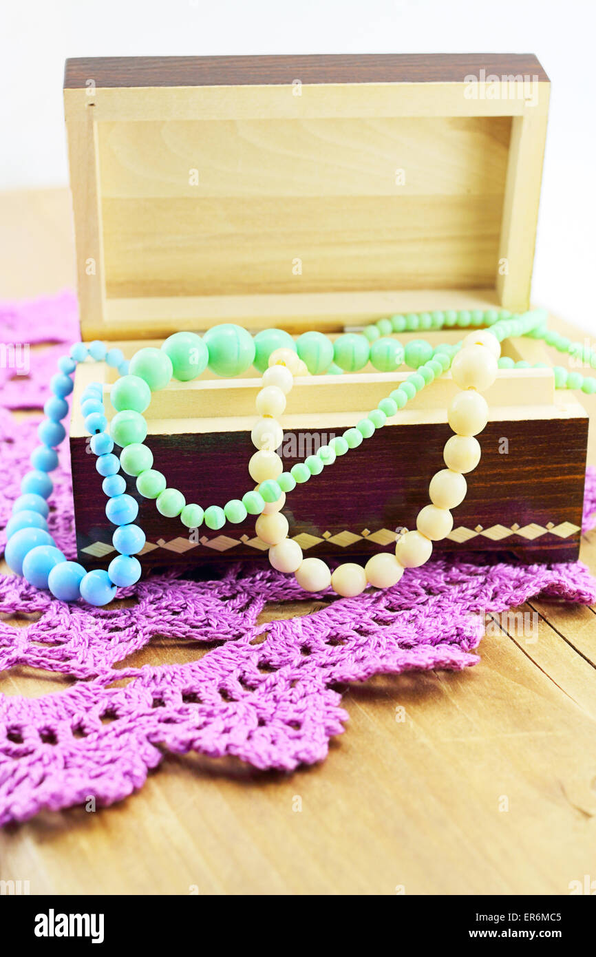 Wooden box with necklaces Stock Photo Alamy