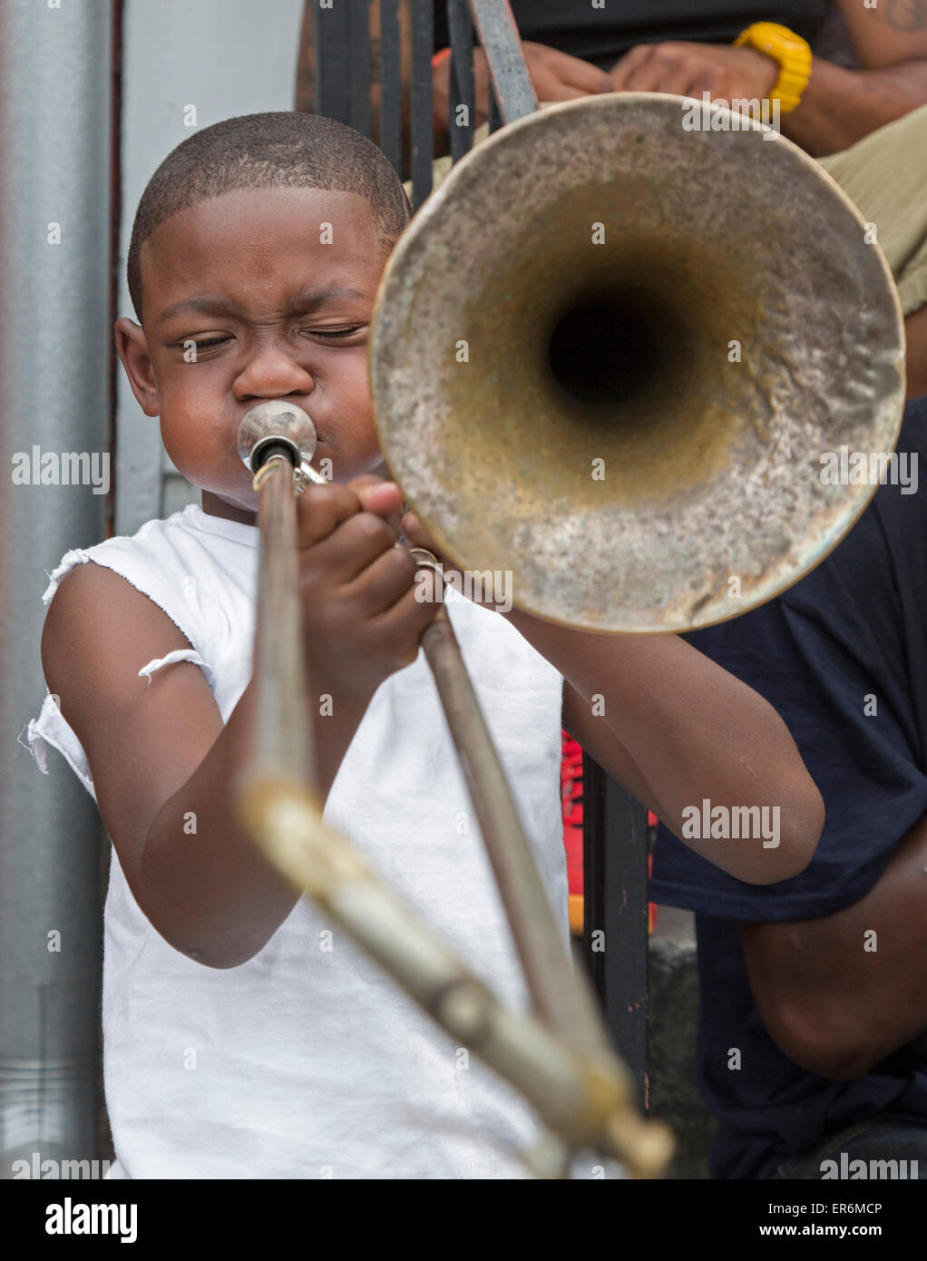 New Orleans, Louisiana A boy plays a trombone Stock Photo Alamy
