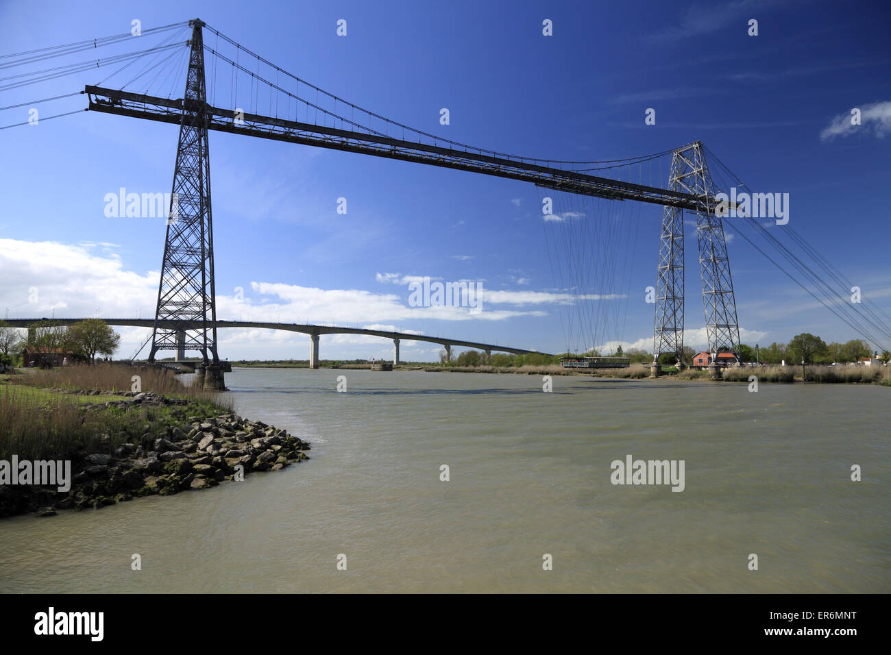 The transporter bridge Rochefort, or transporter bridge Martrou above the Charente, Charente Maritime, France Stock Photo