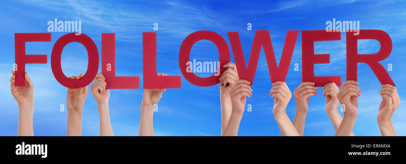 Hands Holding Red Straight Word Follower Blue Sky Stock Photo - Alamy