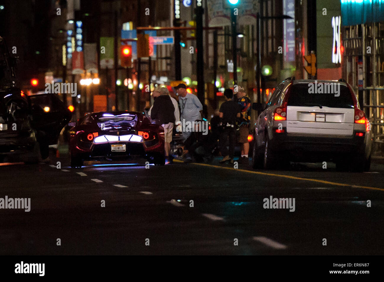 Toronto, Canada. 27th May, 2015. The Joker's car, a modified Vaydor G34 can be seen on the movie set for action movie: Suicide Squad in Toronto, Ontario on May 27, 2015. Credit:  Julian Avram/Alamy Live News Stock Photo