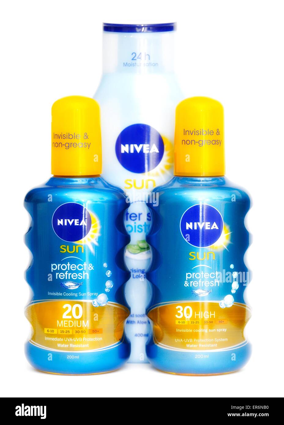 Nivea sun spray protection factor 20 and 30 and after sun Stock Photo -  Alamy