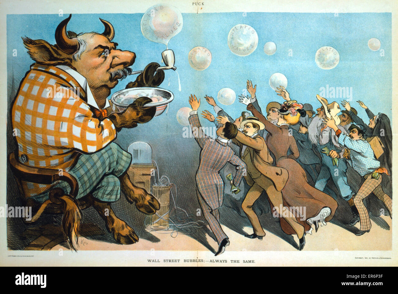 Wall Street bubbles; - Always the same. Caricature of John Pierpont Morgan as a bull blowing bubbles inflated values, for which group of people are reaching. 22nd May 1901 Stock Photo
