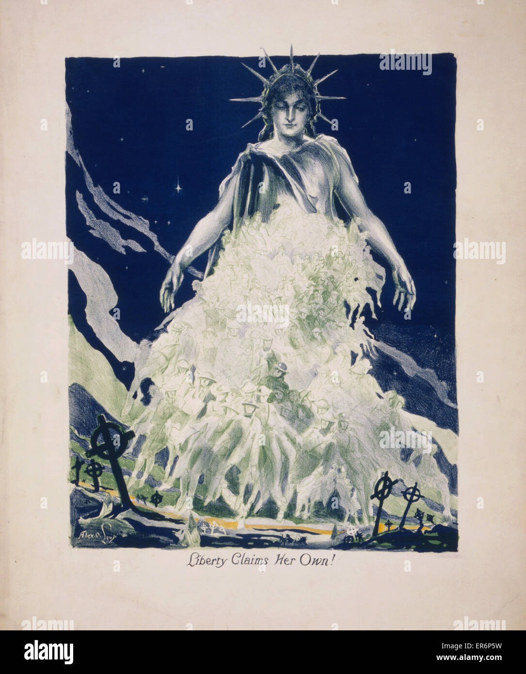 Liberty claims her own!. Allegory showing the figure of Liberty gathering up the specters of fallen soldiers from a cemetery. Date 1917 or 1918. Stock Photo