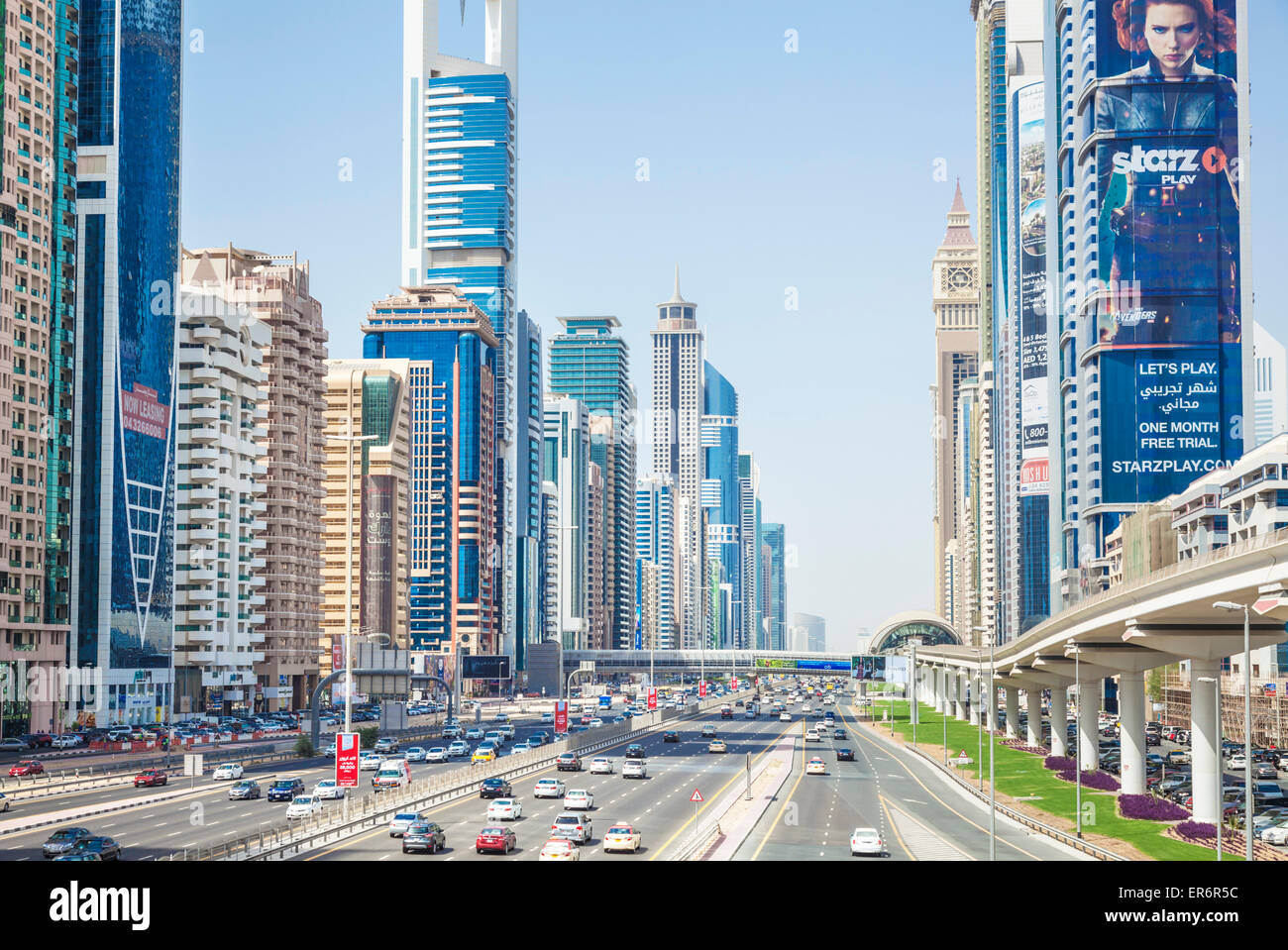 Sheikh Zayed Road traffic and Dubai Skyline Dubai City United Arab Emirates UAE Middle East Stock Photo