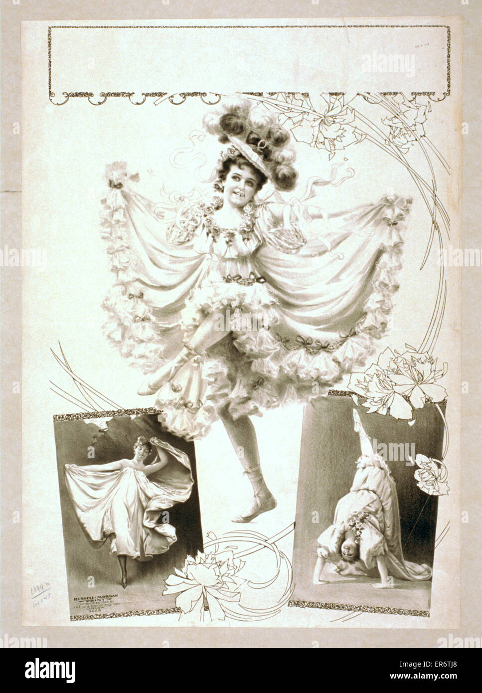 Woman dancing in two scenes, performing acrobatics in third Stock Photo