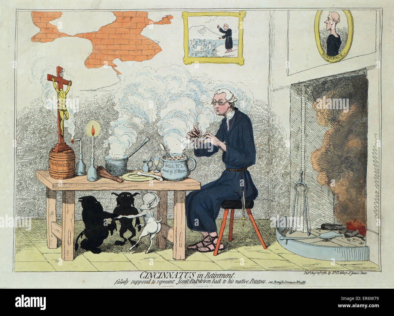 Cincinnatus in retirement falsely supposed to represent Jesuit-Pad driven back to his native Potatoes : see Romish Common-Wealth. Cartoon showing Edmund Burke, as an Irish jesuit, seated at a table eating potatoes from a pot labeled Relick No. 1. used by Stock Photo