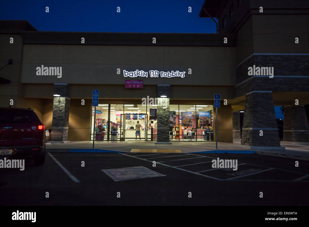 A Baskin Robbins Ice Cream Store in Modesto California at night Stock