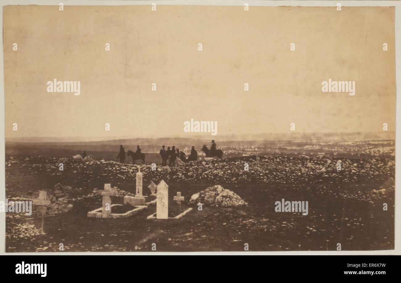 Cemetery on Cathcart's Hill - officers on the look-out. View of cemetery with officers in background; military camp in the distance. Date 1855. Stock Photo