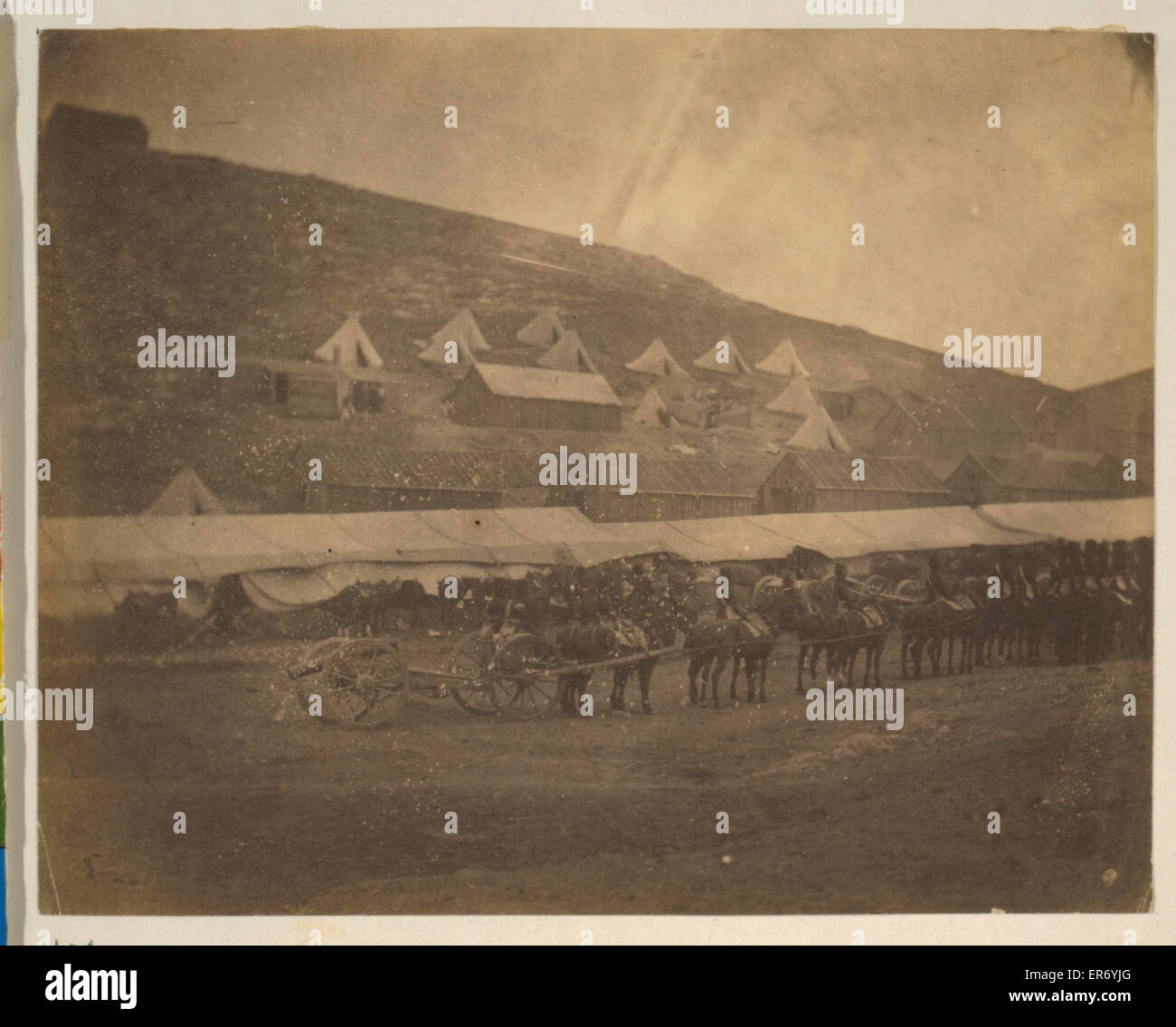 Field train, horse artillery. Horse team pulling a gun carriage