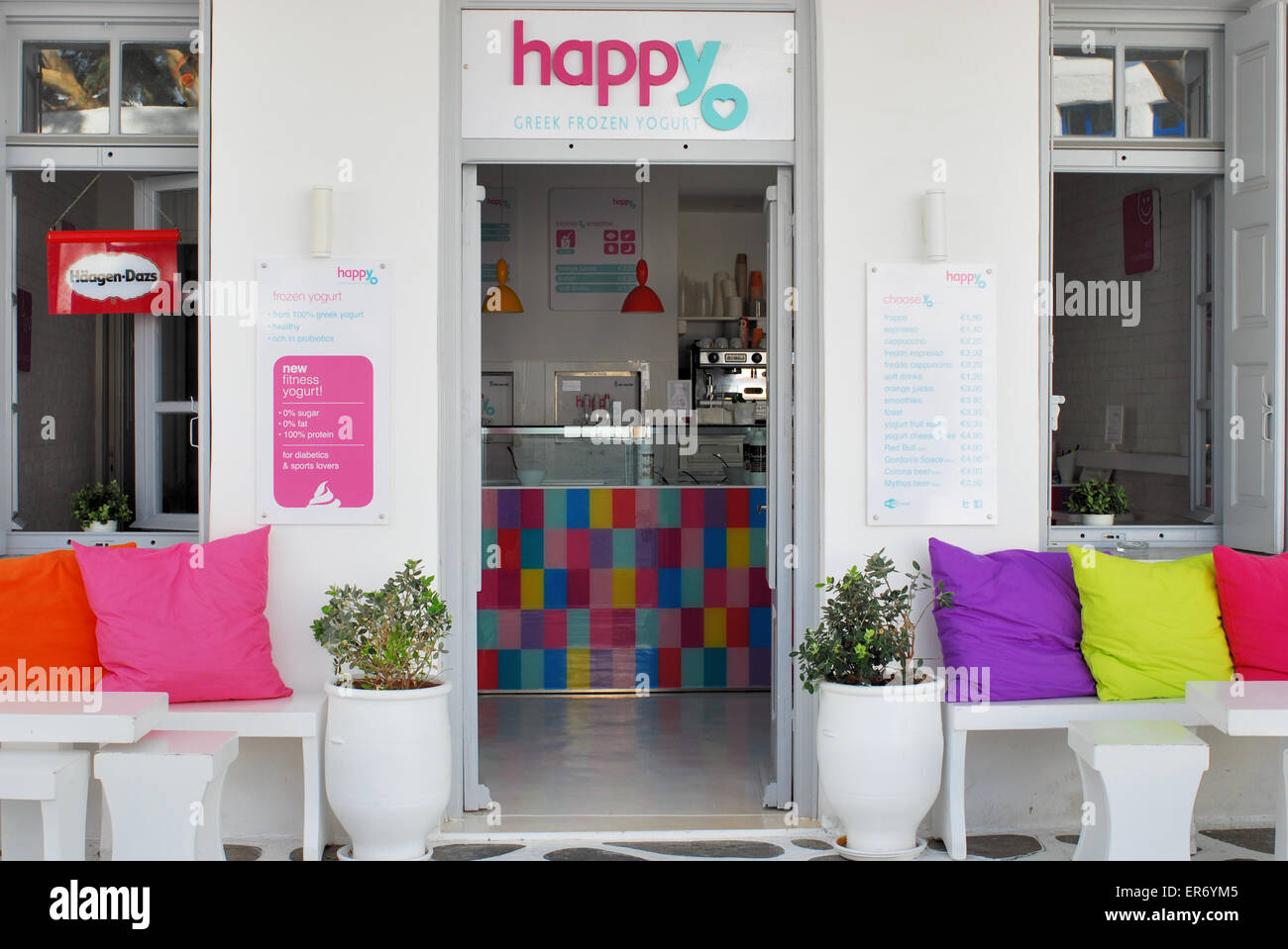 Frozen yogurt shop with colourful cushions, Mykonos, Greece Stock Photo Alamy