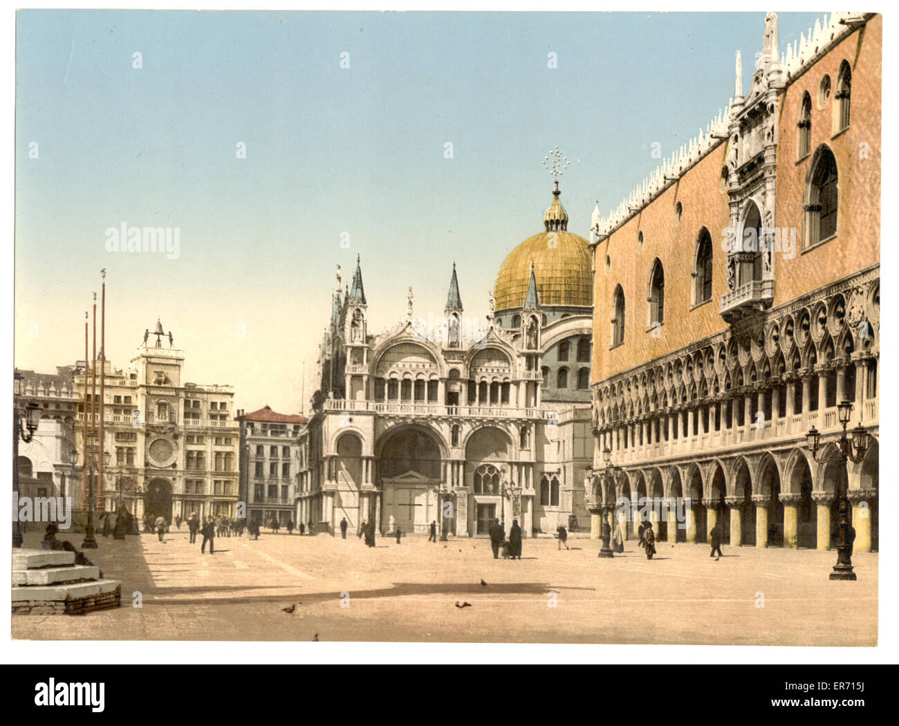 Clock tower, St. Mark's, and Doges' Palace, Piazzetta di San Marco, Venice, Italy. Date between ca. 1890 and ca. 1900. Stock Photo