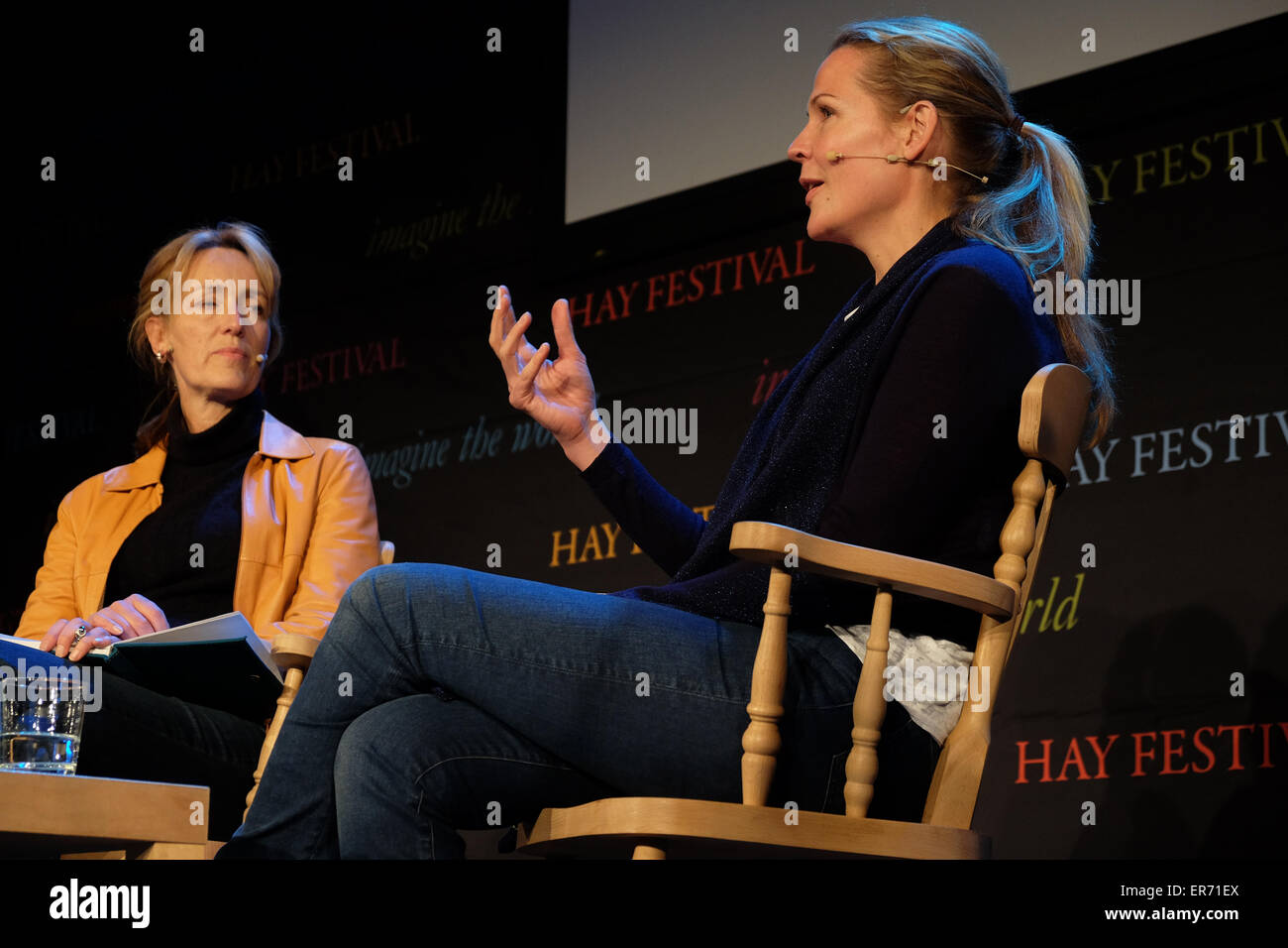Hay Festival, Powys, Wales - May 2015  -  Author Asne Seierstad on stage talking about her new book One of Us - The Story of Anders Breivik and the Massacre in Norway being interviewed by Francine Stock. Stock Photo