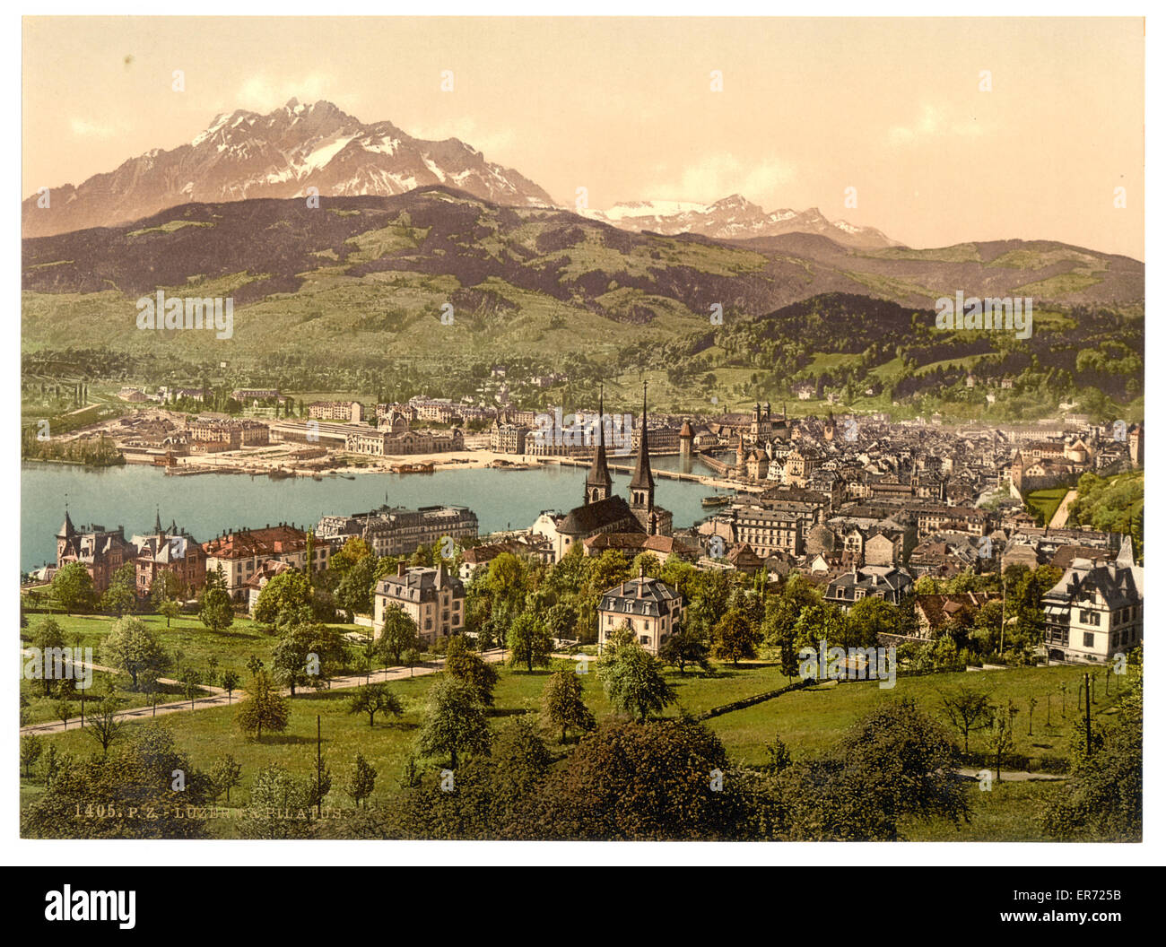 Pilatus and Lucerne, seen from Drei Linden, Lucerne, Switzerland. Date between ca. 1890 and ca. 1900. Stock Photo