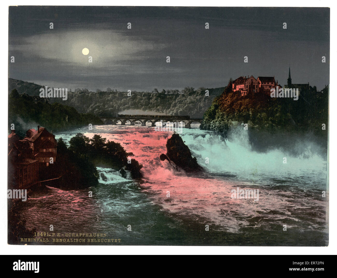 The Falls of the Rhine, by Bengal Light, Schaffhausen, Switz Stock Photo