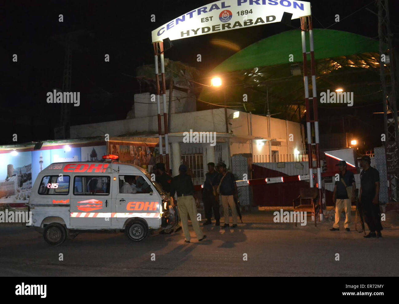 Ambulance getting entered to receive dead bodies of hanged criminal Sabir Baloch and Shahsawar Baloch alleged in hijacking of PIA aircraft in 1998, at Central Jail Hyderabad on Thursday, May 28, 2015. Stock Photo