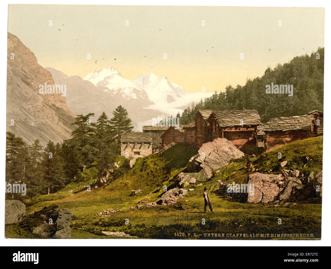 Staffel Alp and Rimpfischhorn, with chalets, Valais, Alps of Stock Photo