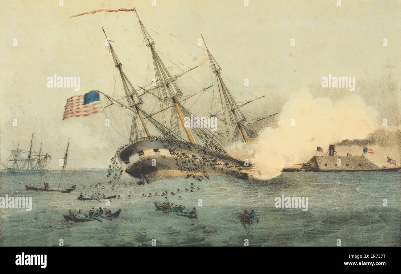 The sinking of the Cumberland by the iron clad Merrimac, off Stock Photo