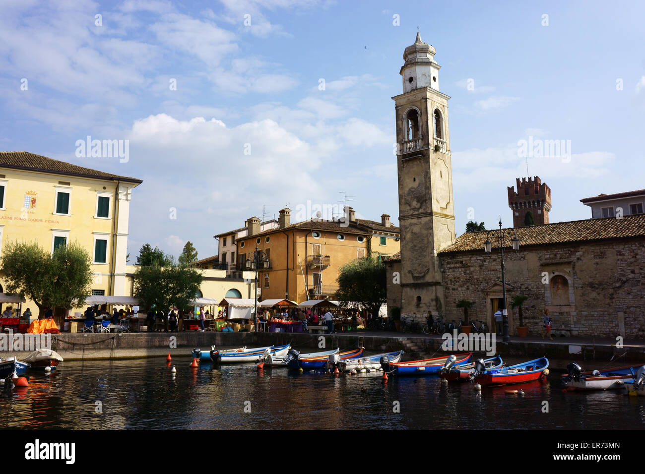 Harbor and historic town Lazise on Lake Garda, Province Verona, Italy Stock Photo