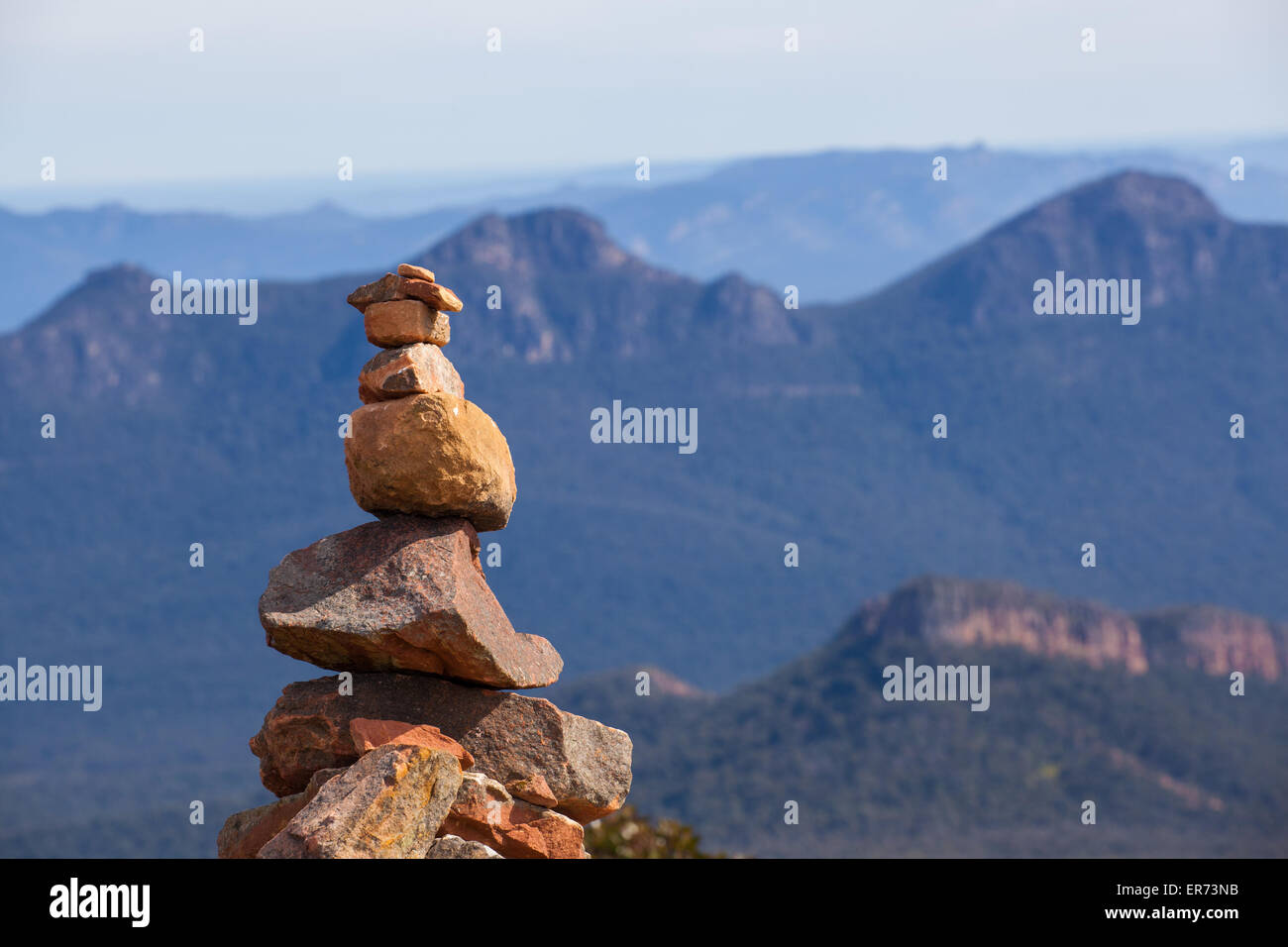 Stone cairn on top of Mount William, Grampians National Park, Victoria, Australia Stock Photo