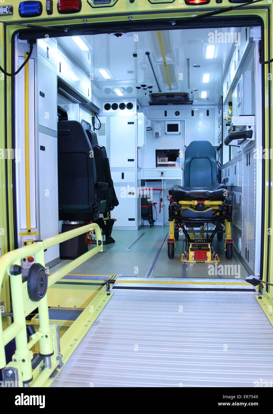 The Inside of a Modern Emergency Ambulance Vehicle. Stock Photo