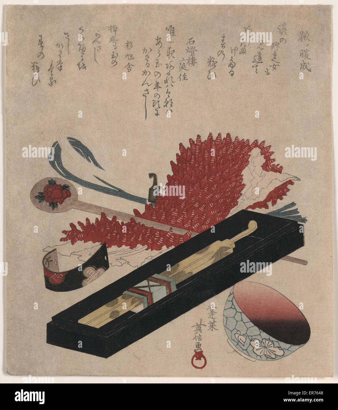 Shibori, hairpin, and lip color bowl. Still life arrangement of hair ornaments and toilet articles. Date between 1818 and 1830, printed later. Stock Photo