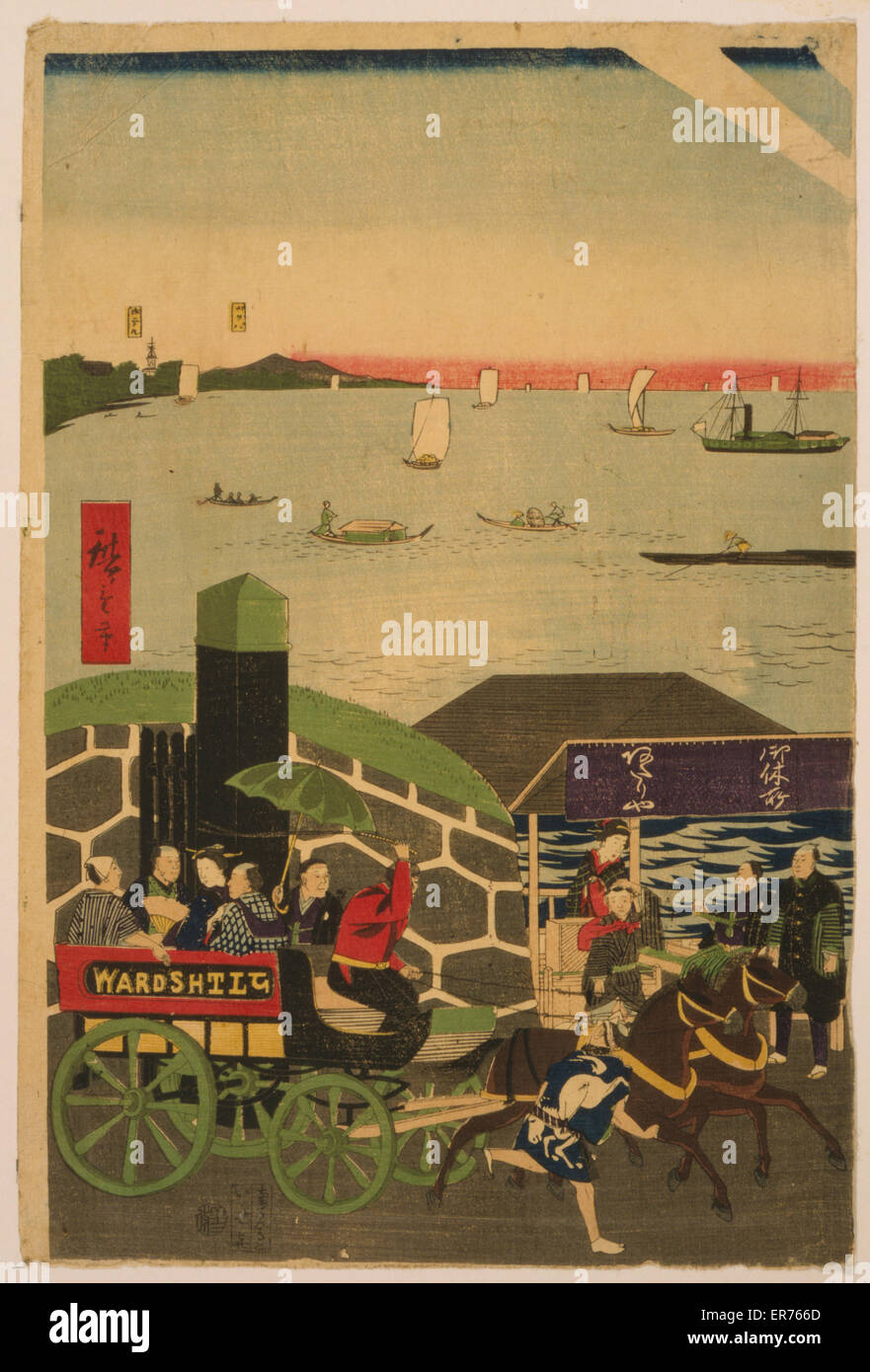 Famous places in Tokyo: real view of Takanawa. Japanese triptych print showing a busy street with people walking; riding in carriages, on horseback, and in a litter; many small and large boats sail in a sea; the sun rises in the background. Date 1870. Stock Photo