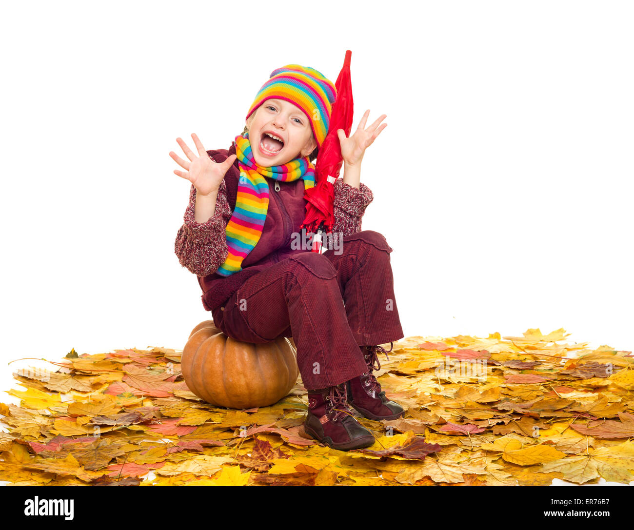 girl with umbrella on autumn leaves studio shoot Stock Photo - Alamy