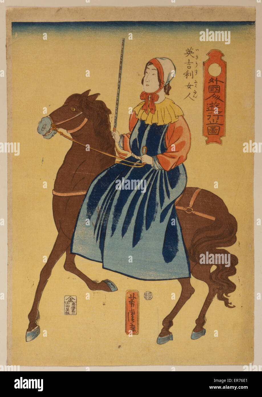 Foreigners enjoying themselves - English woman. Japanese print shows a woman riding sidesaddle. Date 1861. Stock Photo