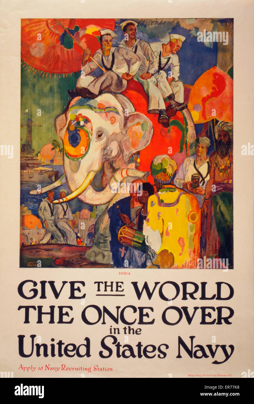 Give the world the once over in the United States Navy Apply at Navy Recruiting Station . Poster showing sailors as tourists in India, riding an elephant and taking snapshots. Date 1919. Stock Photo