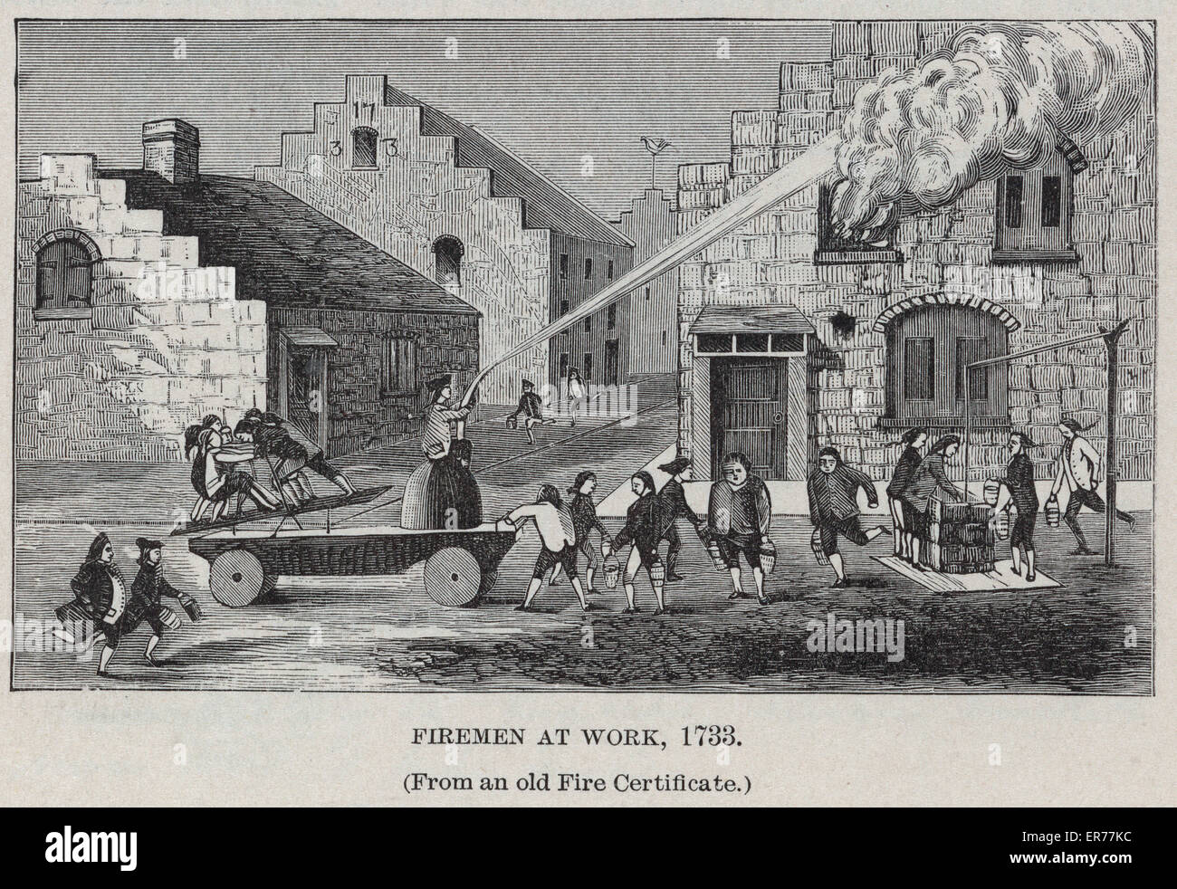 Firemen at work, 1733 (From an old Fire Certificate). Illustration showing firemen on vehicle pumping water through hose onto burning building, as other firemen bring water from well in buckets and put it into vehicle. Date c1887. Stock Photo