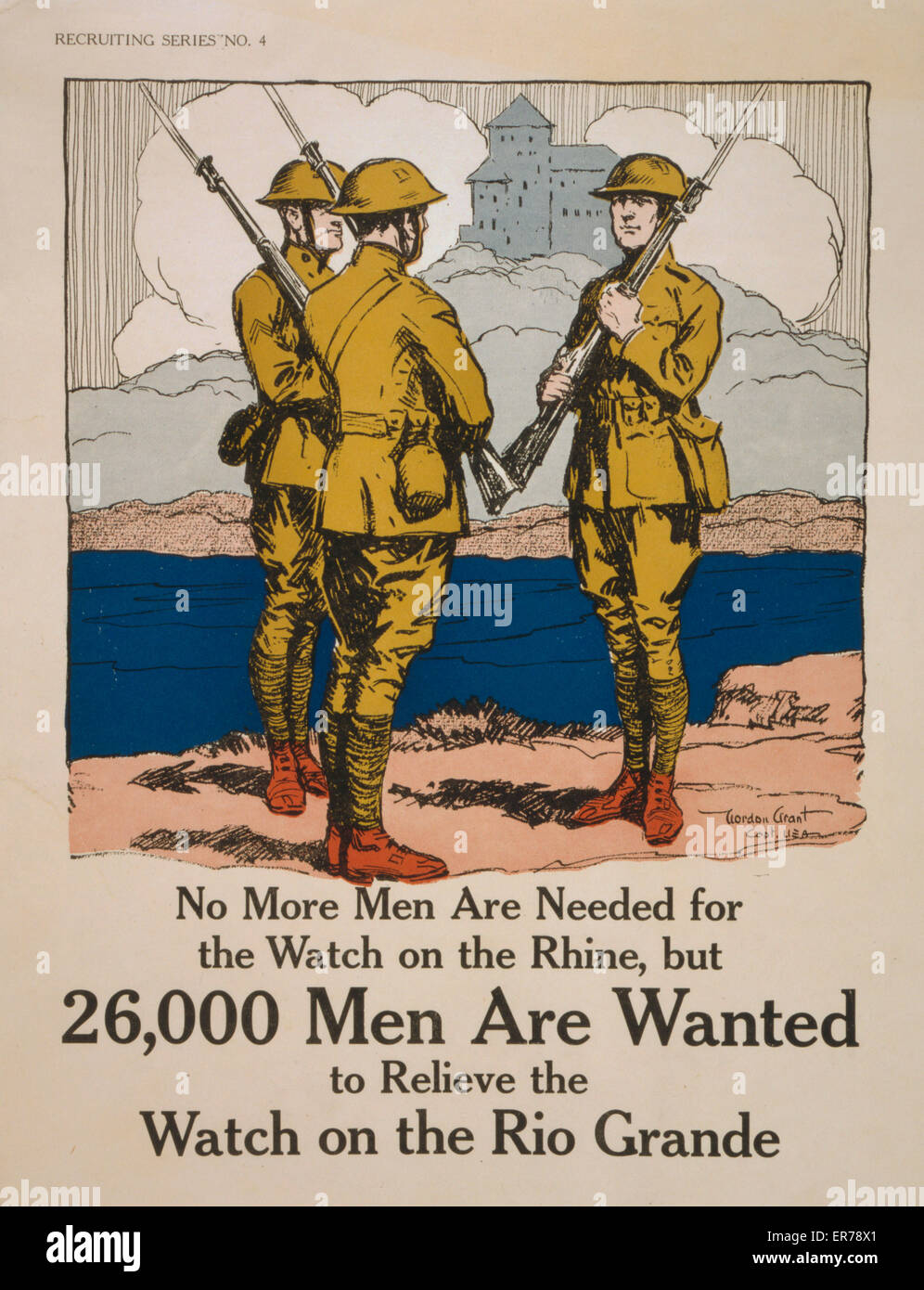 No more men are needed for the watch on the Rhine, but 26,000 men are wanted to relieve the watch on the Rio Grande. Poster showing soldiers with bayonets in a river landscape. Date 1917. Stock Photo