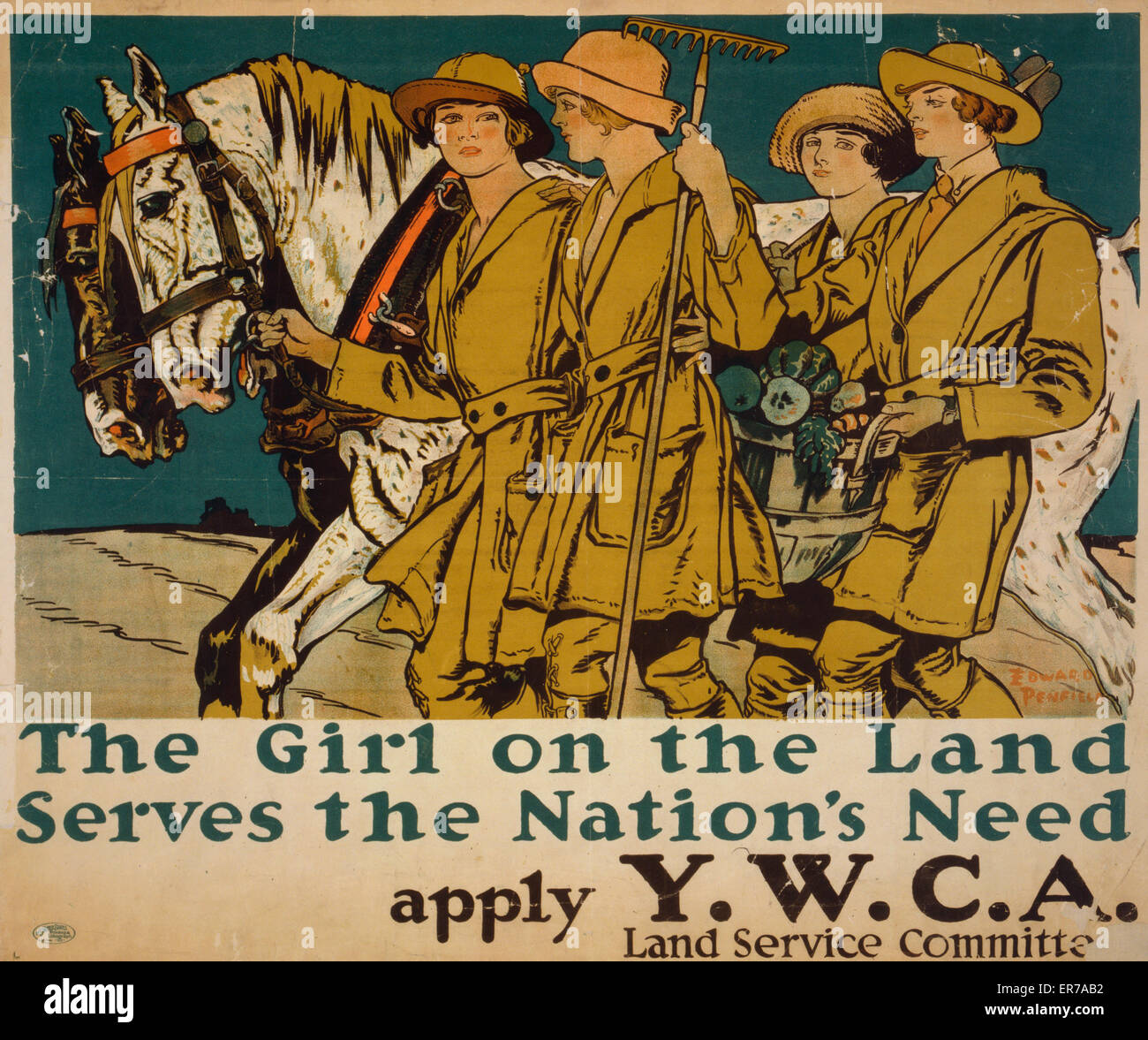 The girl on the land serves the nation's need Apply YWCA Land Service Committee . Poster showing four young women carrying tools and a basket of produce, and leading a team of horses. Date 1918. Stock Photo