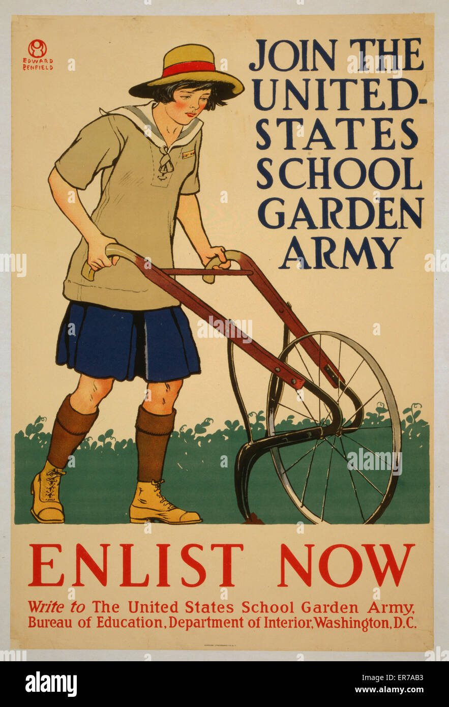 Join the United States school garden army - Enlist now. Poster showing a girl plowing. Date 1918. Stock Photo