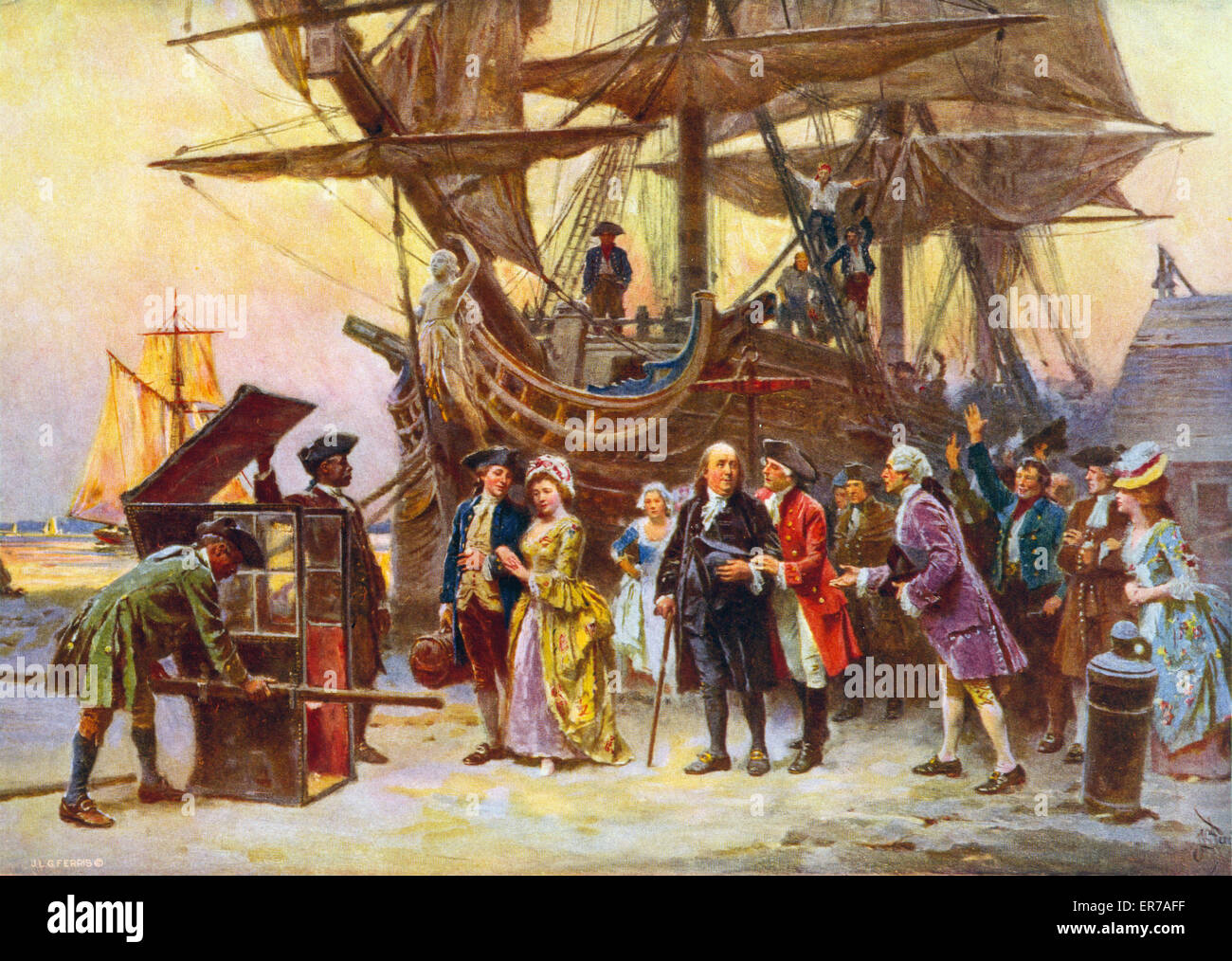 Franklin's return to Philadelphia, 1785. Benjamin Franklin, Richard Bache, his wife Sarah, Franklin's daughter, and her son Benjamin Franklin Bache at ...