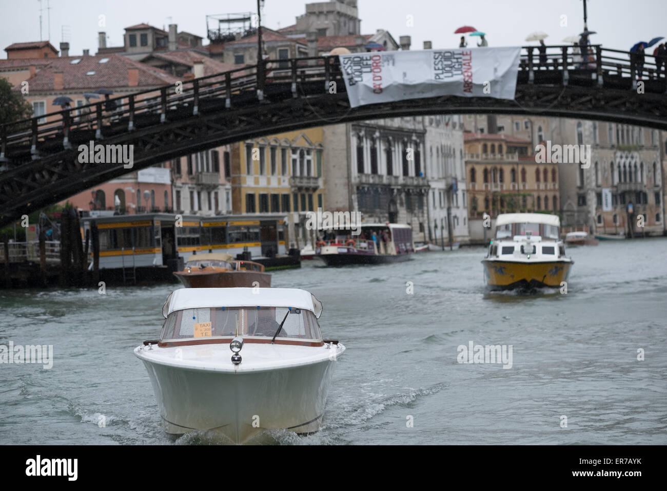 Vaporetto and water taxis on the Grand Canal in Venice Italy. Stock Photo