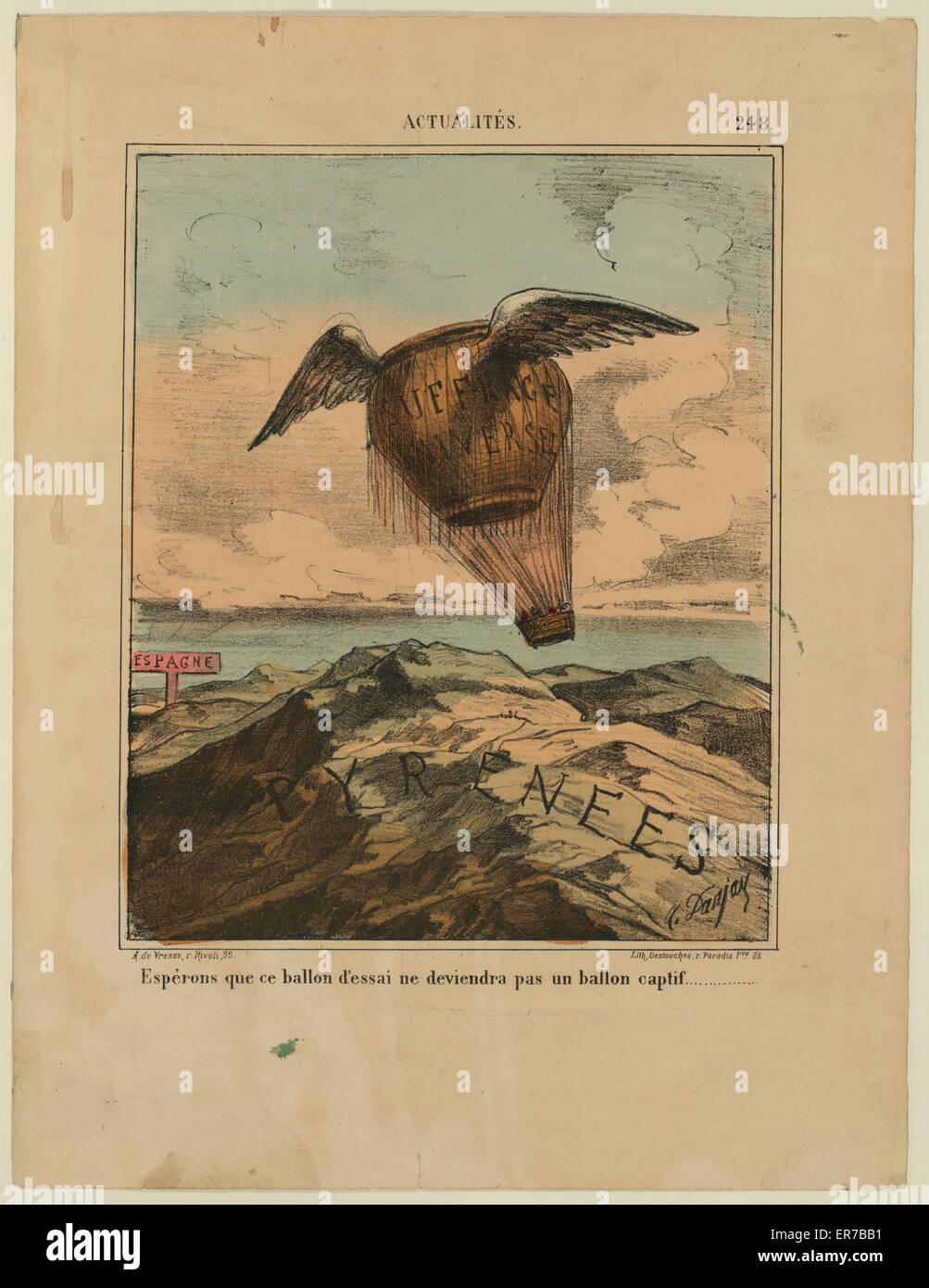 Esperons que ce ballon d'essai ne deviendra pas un ballon captif. Cartoon shows a hot air balloon labeled Suffrage Universel with wings floating above the Pyrenees and headed toward a sign labeled Espagne. Date between 1850 and 1870. Stock Photo