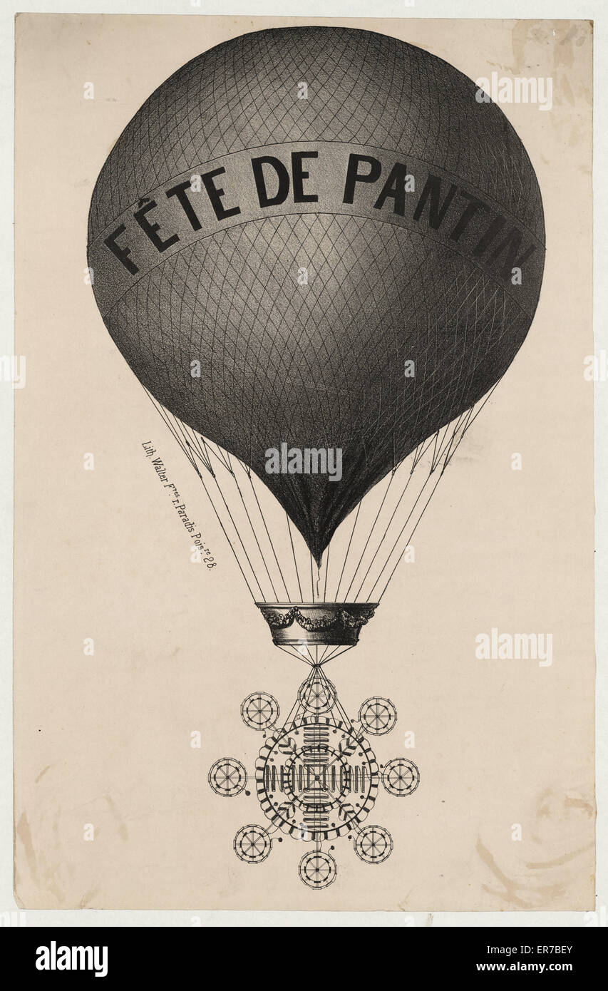 Fete de pantin. Print shows a balloon with mechanism attached to the bottom of the basket, possibly an elaborate fireworks display. Date between 1820 and 1860. Stock Photo