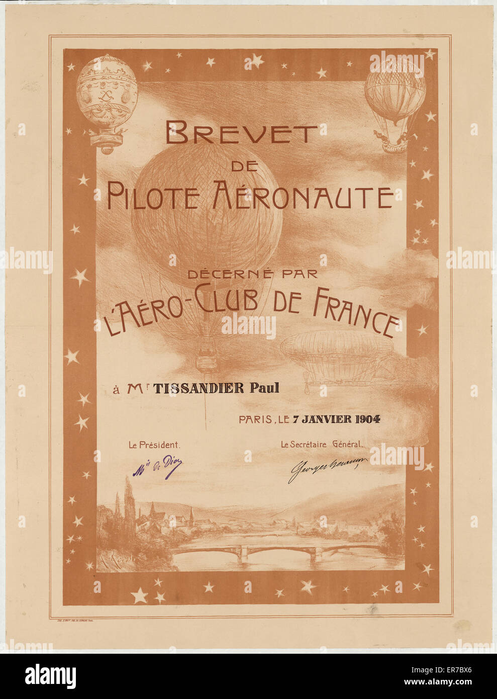 Brevet de pilote aeronaute, decerne par l'Aero-Club de Franc Stock Photo