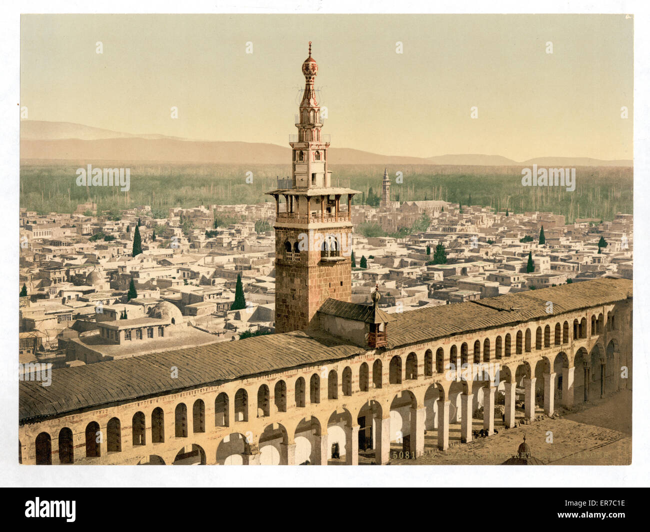 General view and Minaret of the Bride, Damascus, Holy Land Stock Photo