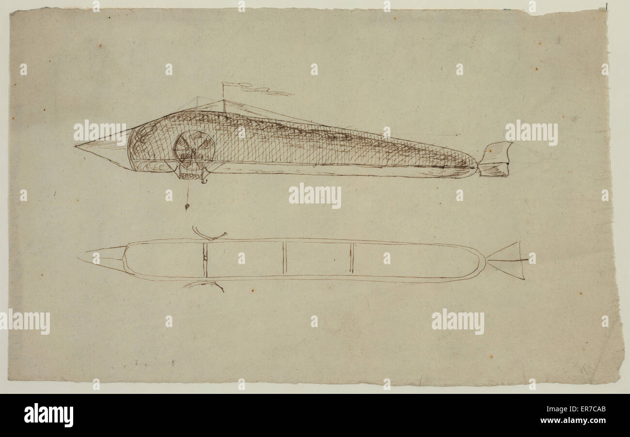 Two views of an airship shaped like a long tube with a pointed nose, propellers on the side and a rudder, resembling an 1850 design proposed by Pierre Jullien, a French clock maker from Villejuif, France. Date 1850?. Stock Photo