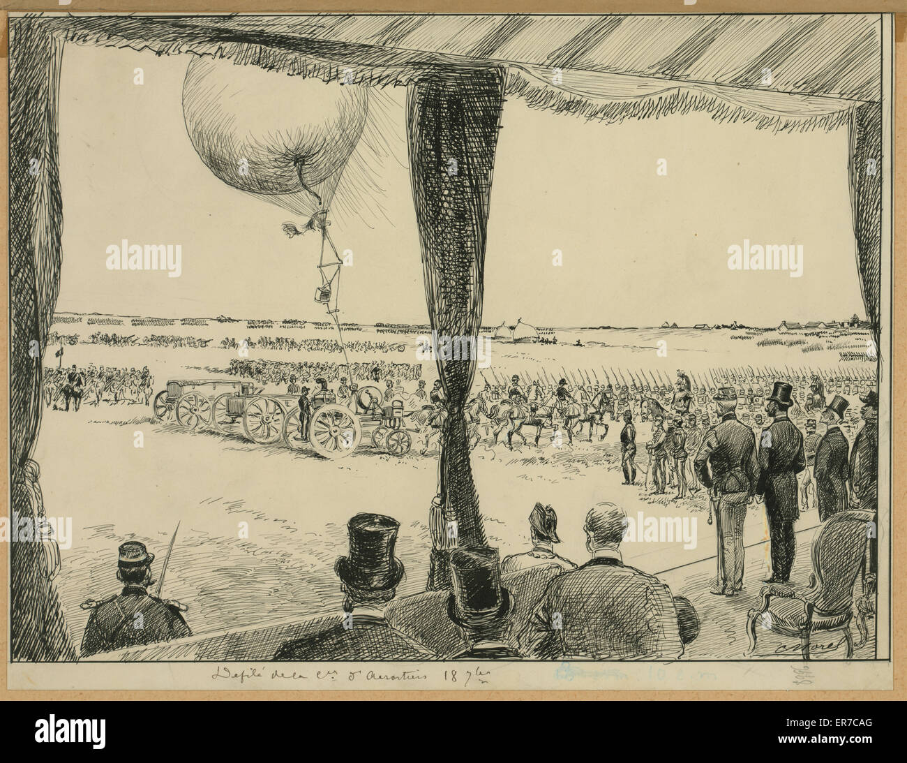 Defile de la Cm. d'aerostiers 187 Drawing shows a parade with one of the balloons used in the Siege of Paris (1870-71) and a group from the Compagnie des aerostiers militaires, with officials in a reviewing stand in the foreground. (Source: AG Renstrom, L Stock Photo